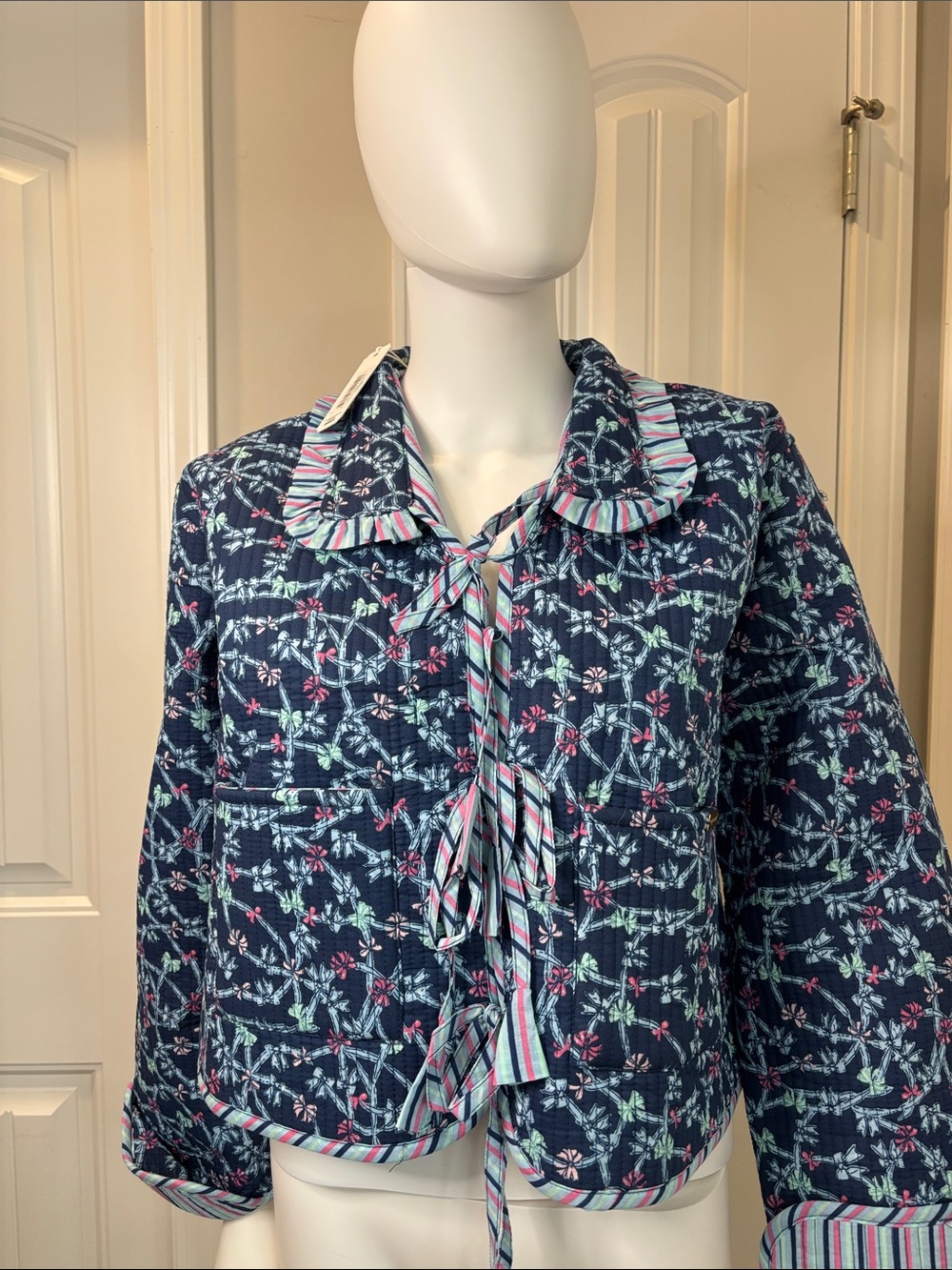 Simply Southern Ophelia Quilted RibbonTie-Neck Jacket with Striped Trim